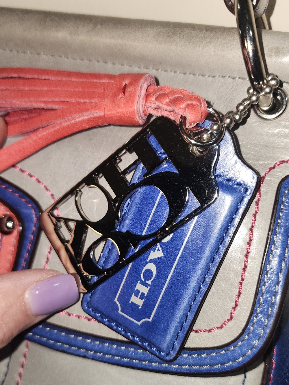 Coach Legacy Willis Colorblock Gray Leather Shoulder Bag Coral Navy Accents - Picture 4 of 14